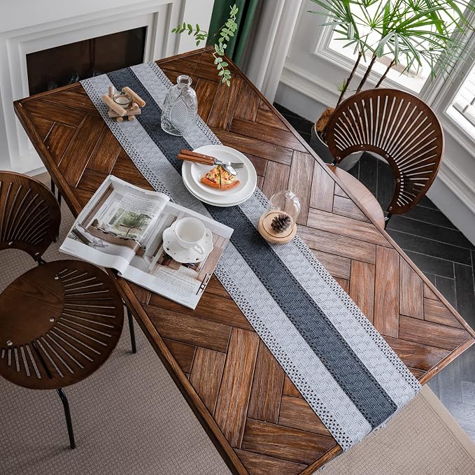 Macrame Table Runner Grey Boho Table Runners with Tassels 12x60in | Alynsehom Hand Woven Cotton Table Runner Rustic Farmhouse Table Runners for Bohemian Kitchen Dining Table