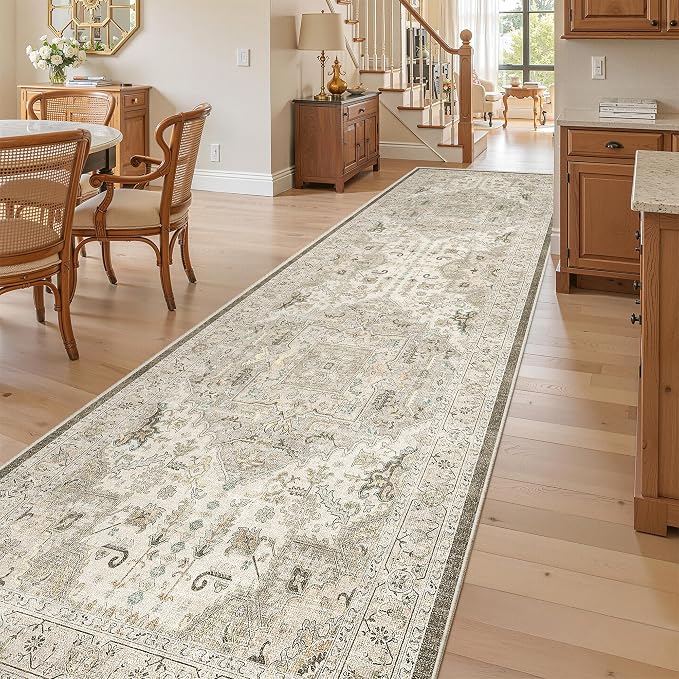Madane Hallway Runner Rug 3x10 Washable Kitchen Runners 10ft, Ivory/Brown | Vintage Non-Slip Entryway Area Rugs Indoor, Soft Low-Pile Farmhouse Wide Floor Carpet for Bathroom Living Room Bedroom Foyer