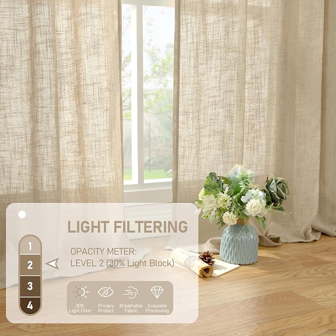 Brown Linen Window Curtains 30 Inches Long 2 Panels 34 x 30 Inch | Semi Sheer, Light Filtering Panels, Privacy, Rod Pocket Back Tab, Neutral Drapes for Basement, Small Windows, Kitchen, Cafe