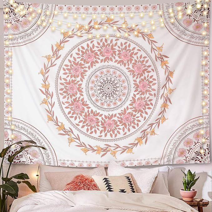 Wall Tapestry for Bedroom Aesthetic Pink Mandala Wall Hanging Large Boho Trippy Tapestries Bohemian Art Tapistry Hippie Floral Tapastry Decor For Bedroom Ceiling Living Room Dorm (71ʺ × 91ʺ)