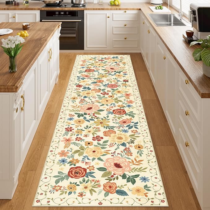DUKINO 2.6x10 Hallway Runner Rug Washable Kitchen Rug Non Slip Beige Yellow | Soft, Low Pile, Floral Indoor Floor Rug Runner for Entryway, Bedroom, Bathroom, Laundry, Pet Friendly, Home Decor, Ultra-Thin