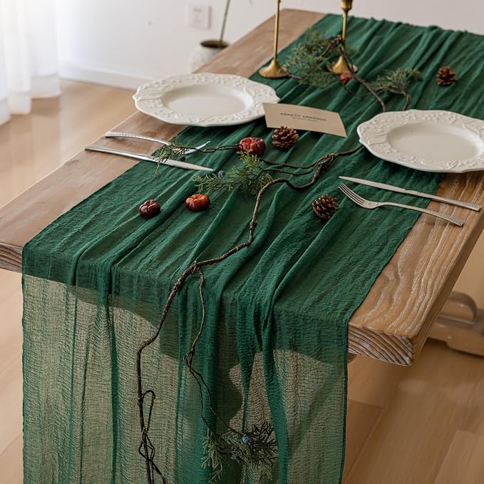 Emerald Green Cheesecloth Table Runner 120 Inches for Home Decorations | For Wedding Baby Shower Bridal Shower Birthday Engagement Party 10FT Rustic Boho Home Decor