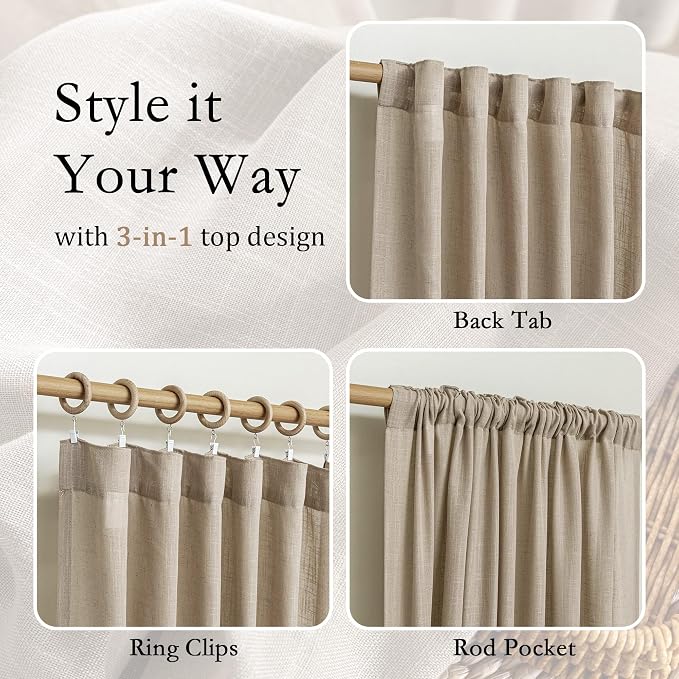MYSKY HOME Taupe Sheer Curtains 63 inch Length Semi Sheer Curtains for Bedroom Light Filtering Short Window Treatment Privacy Protect Boho Farmhouse Soft Drapes Set, Back Tab, 50" Wide, 2 Pieces