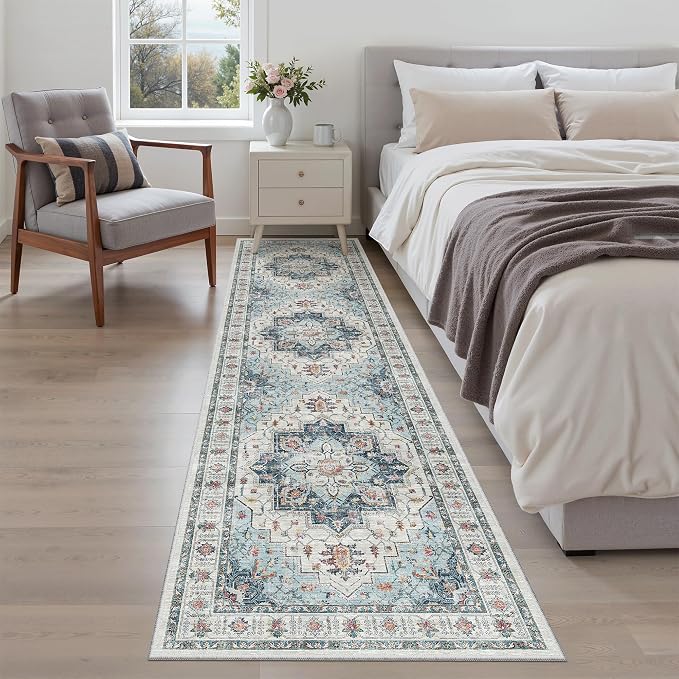 Madane Hallway Runner Rug 2x8 Washable Kitchen Rugs Non-Slip, Blue | Vintage Machine Washable Low-Pile Floor Carpet 8ft, Soft Ultra-Thin Throw Entry Foyer Mat for Entrance Laundry Living Room