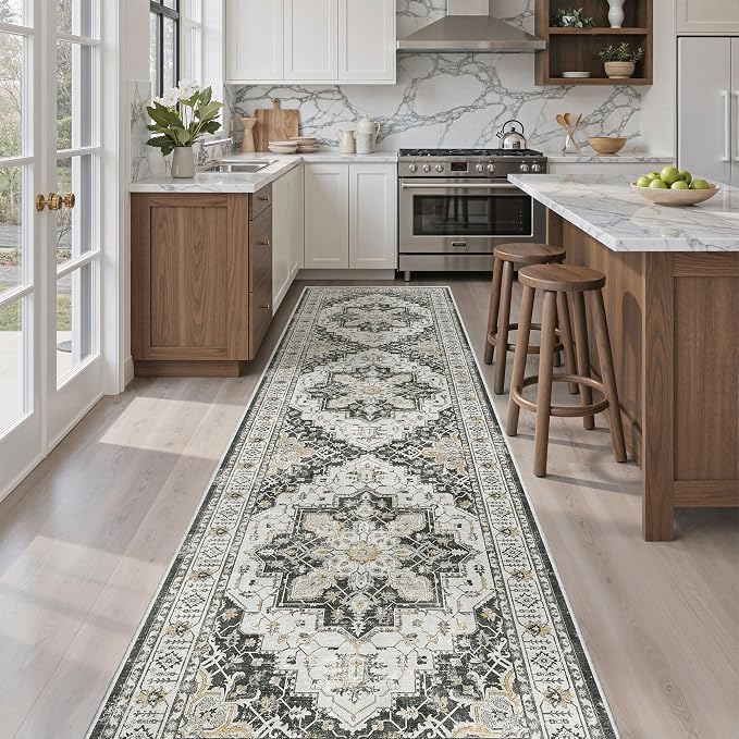 Madane Hallway Runner Rug 2'6''x10' Black, Washable Vintage Kitchen Runners | Non-Slip Rugs 10ft for Laundry Room, Entryway and Bedroom, Soft Low Pile Stain-Resistant Wide 2.5x10 Ft Floor Carpet