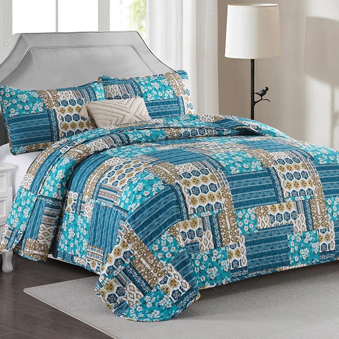 Mybedsoul Boho Quilts Queen Size, Floral Patchwork Bedding Set, Dusty Blue | Soft Lightweight Microfiber Coverlet Set, 3 Pieces Plaid Reversible Bedspread, Bed Sets for All Seasons 96"x90"