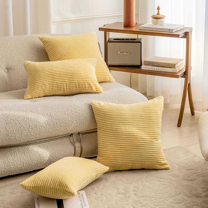 Home Brilliant Set of 2 Super Soft Corduroy Summer Pillow Covers 16x16 Decorative Throw Pillow Covers for Couch Sofa Bed Living Room Hallway Decor, 16 x 16 inch, Light Yellow