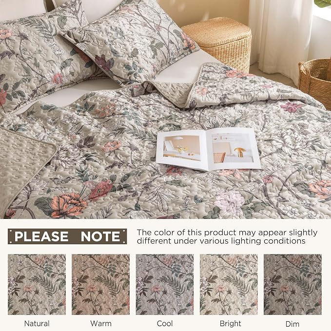 Litanika Floral Oatmeal Quilt Queen - 3Pcs Botanical Birds Bedding Set | Bedspread Summer Lightweight Soft Coverlet with Orange Flower for All Seasons (96"x90")