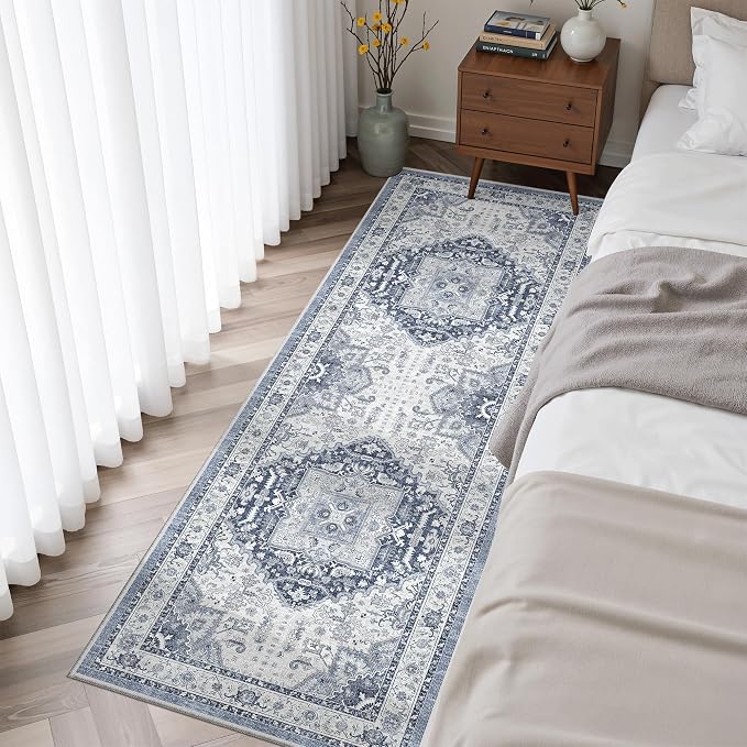 Madane Washable Runner Rug 2x6 Runners for Hallways Non Slip, Navy/White | Vintage Stain-Resistant 6 Feet Kitchen Rug, Soft Low-Pile Ultra-Thin Floor Carpet Mat for Bathroom Laundry Room Bedroom 2x6ft