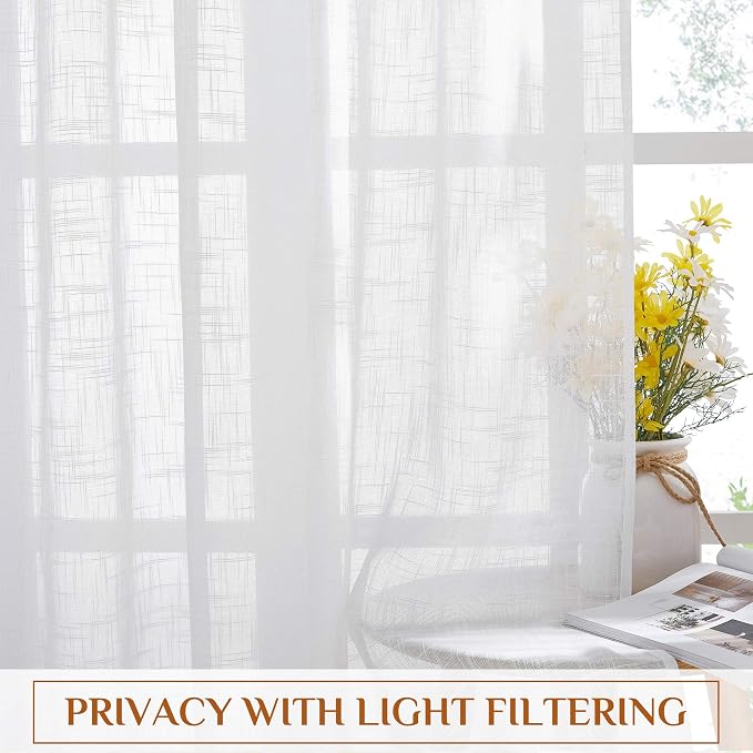 NICETOWN Semi Sheer Curtains 84 inches Length, Rod Pocket & Back Tab Linen Sheer Curtains Window Treatments Privacy with Light Filter for Farmhouse/Home Office, White, 132" Wide Total 2 Pieces