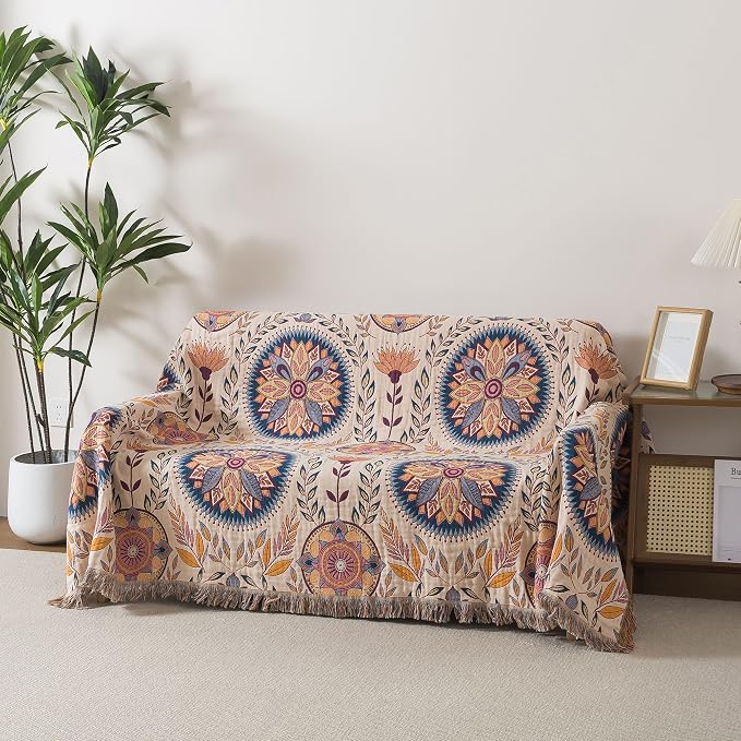 Phuryllic Boho Throw Blanket Full Size, Soft Cozy Cotton Muslin Quilt Blanket for Bed Decor, Floral Patterned Couch Sofa Chair Cover, Vintage Farmhouse Cottage Tapestry Woven Blanket, Beige&Blue