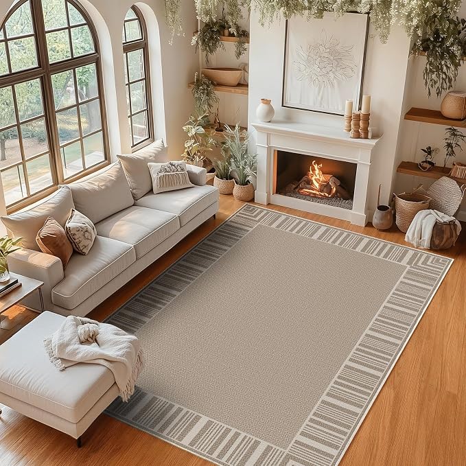 COZYLOOM Easy Jute Area Rugs 9x12 Large Living Room Rug with Rubber Backing, Washable Stain Resistant Bordered Rug Non Shedding Neutral Striped Farmhouse Carpet for Bedroom, Patio, RV, Beige Brown