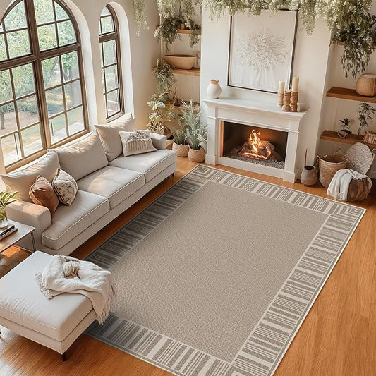 COZYLOOM Easy Jute Area Rugs 9x12 Large Living Room Rug with Rubber Backing, Washable Stain Resistant Bordered Rug Non Shedding Neutral Striped Farmhouse Carpet for Bedroom, Patio, RV, Beige Brown