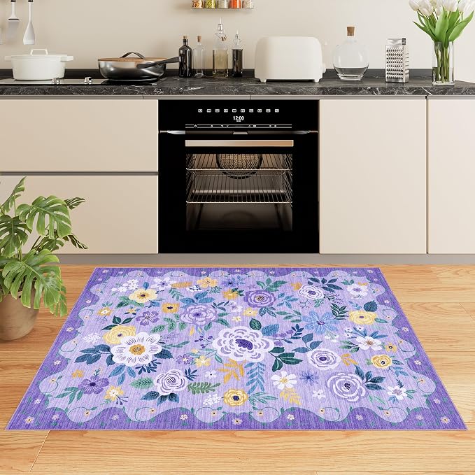 DUKINO 3x5 Area Rug, Floral Washable Rug for Bedroom Non Slip, Purple | Soft, Stain Resistant Low Pile Indoor Rug for Entryway, Bedroom, Bathroom, Living Room, Pet Friendly, Home Decor, Lightweight