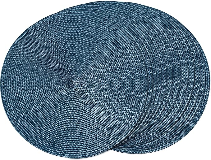 FunWheat Round Braided Placemats Set of 12 Place Mats for Dining Table Woven Washable Non-Slip Table Mats 15 Inch(Blue,12pcs)