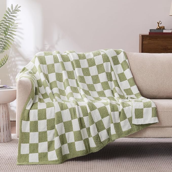 Checkered Throw Blanket for Couch, Soft Cozy Warm Knitted Blankets | Lightweight Fuzzy Travel Warm Decor for Women, Mom, Girls, Sofa, Chair, 50x70in, Sage Green
