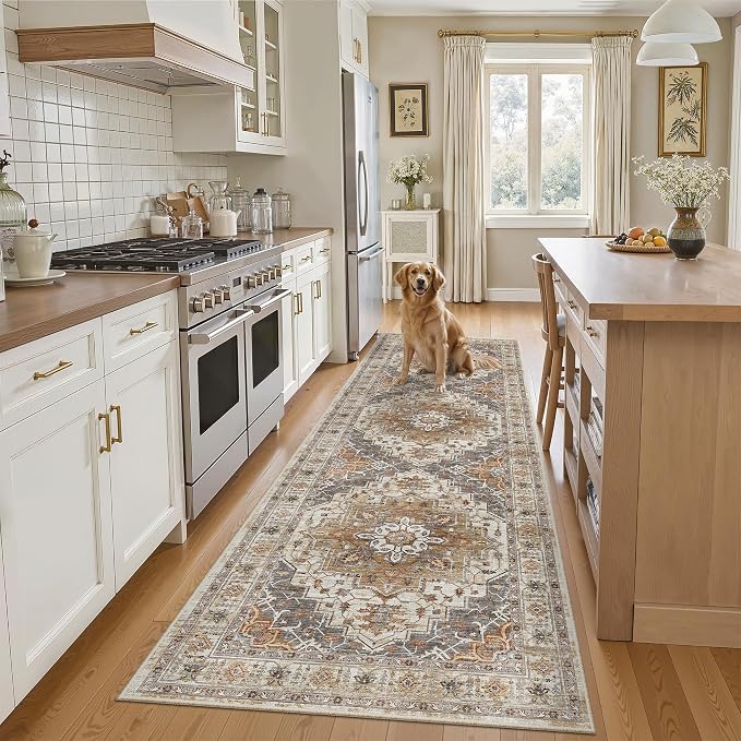 Madane Kitchen Runner 2'6''x8' Soft Rug Runners for Hallways, Turmeric/Grey | Vintage Machine Washable Rugs 2.5x8 Ft, Non-Slip Low Pile Stain-Resistant 8ft Floor Carpet for Laundry Room, Corridor