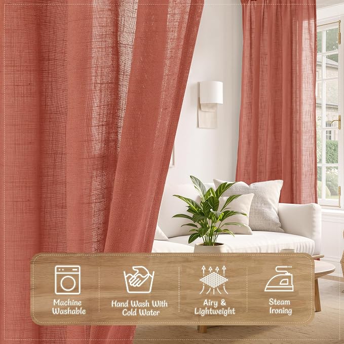 Linen Semi Sheer Curtains 63 Inch Length 2 Panels, 52 x 63 Inch | Light Filtering, Neutral Boho, Bedroom Curtains, Fall Drapes for Living Room, Farmhouse, Back Tab Rod Pocket, Terracotta