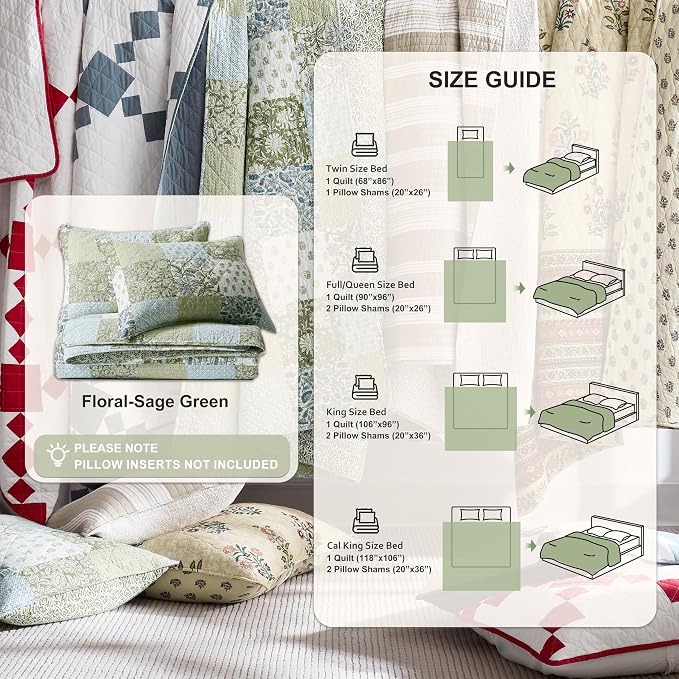 WDCOZY 100% Cotton Reversible Patchwork Quilt Queen Size, Lightweight Farmhouse Vintage Shabby Chic Bedding Set with 2 Pillow Shams, Green Floral Printed Pattern Bedspread Coverlet for All Seasons