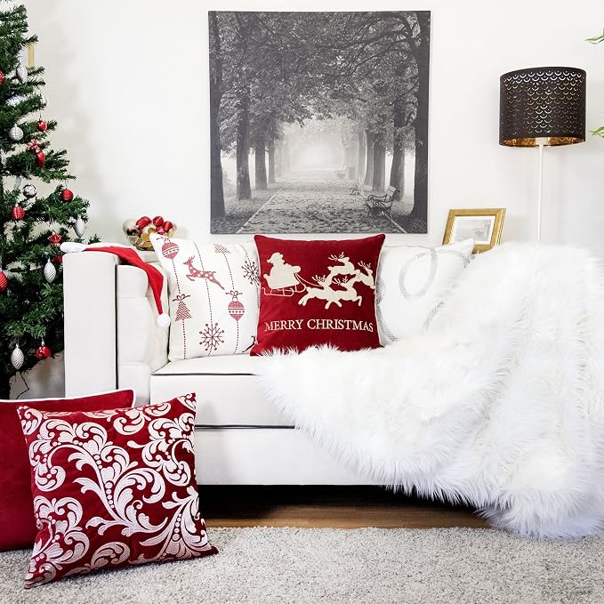 Embroidery Red Velvet Throw Pillow Cover, Merry Christmas Series Santa Claus Sledge Luxury Soft Fuzzy Cozy Warm Slik Gift Square Couch Cushion Pillow Case 20 x 20 Inch, Cover Only