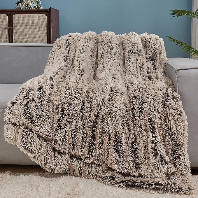 GONAAP Fuzzy Faux Fur Throw Blanket for Couch, Frosty Brown, 50"x60" | Warm Cozy Plush Shaggy Decorative Reversible Thick Non-Heated Fleece Blanket for Sofa Bed, Gift for Women Men, All Season Use
