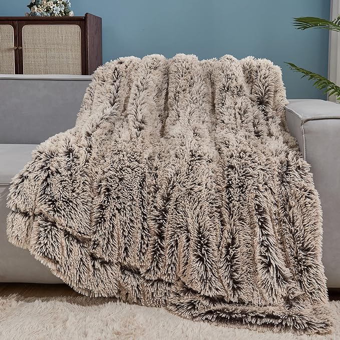 GONAAP Fuzzy Faux Fur Twin Blanket for Couch, Frosty Brown, 60"x80" | Warm Cozy Plush Shaggy Decorative Reversible Thick Non-Heated Fleece Blanket for Sofa Bed, Gift for Women Men, All Season Use
