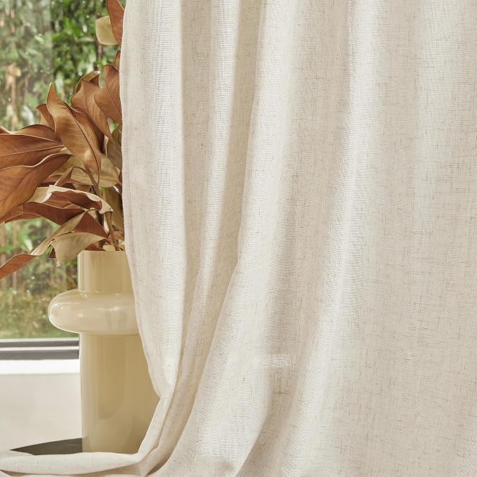 MYSKY HOME Linen Curtains for Living Room, Natural Semi Sheer Curtains & Drapes 80 inches Length 2 Panels Set Farmhouse Country Boho Style Back Tab Draperies for Sliding Glass Door, 50" Wide, Linen