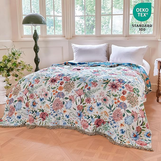 MSGKV Boho Throw Blanket 60"x80" Summer Cotton Orchid Blanket for Couch | Muslin Throw, Orchid Floral Pattern, Reversible Woven, Lightweight Comfort, Farmhouse Decor, All Seasons, Machine Washable