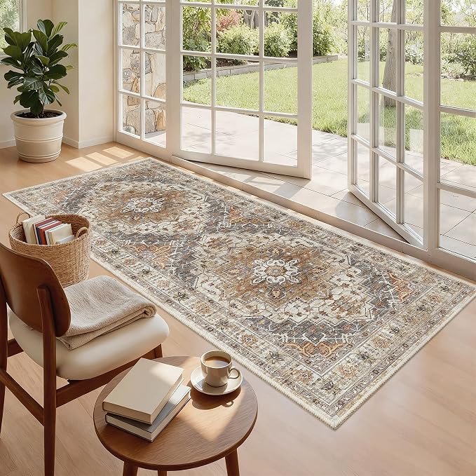 Madane Washable Runner Rug 3x6 Runners for Hallways Non Slip, Turmeric/Grey | Vintage Stain-Resistant 6 Feet Kitchen Rug, Soft Low-Pile Ultra-Thin Floor Carpet Mat for Bathroom Laundry Room Bedroom 2x6ft