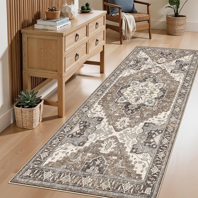 Kitchen Runner Rug 3x6 Non-Slip - Washable Vintage Rugs with Rubber Backing for Living Room Hallway Low Pile Easy Clean Carpet Soft Thin Lightweight Floor Mat for Bedroom Laundry Room(Beige,3x6)
