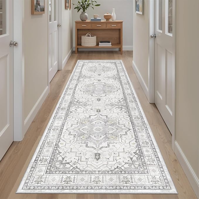 Madane Kitchen Runner 2'6''x8' Soft Rug Runners for Hallways, Grey | Vintage Machine Washable Rugs 2.5x8 Ft, Non-Slip Low Pile Stain-Resistant 8ft Floor Carpet for Laundry Room, Corridor