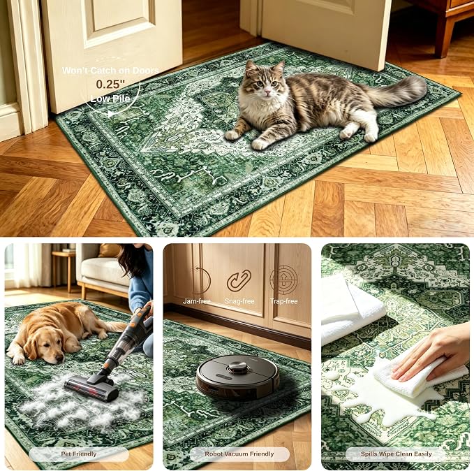 Green 5x7 Washable Rug for Living Room, Non Slip Carpet for Bedroom | Soft faux wool, machine washable & stain resistant. Non-slip rubber backing, low pile. For living room, bedroom, office.