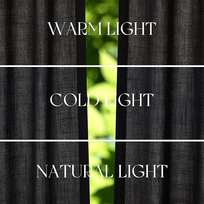 Jowels Black Linen Curtains 108 Inch Long 2 Panels for Living Room | Light Filtering Semi Sheer Curtain, Back Tab Pocket Pleated Look, Boho Farmhouse Textured Privacy Drapes for Bedroom Window