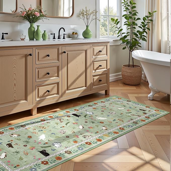 AIMPEAK Green 2x6 Non Slip Runner Rug - Washable Cat Floral Kitchen Carpet with Rubber Backing, Soft Low Pile Long Mat for Kitchen, Laundry Room, Bedroom, Bathroom, Hallway, Green Multi
