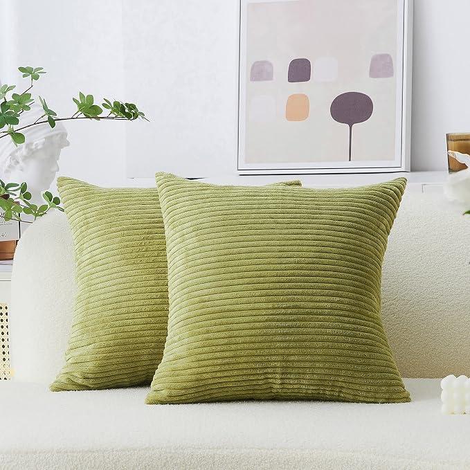 Home Brilliant Set of 2 Corduroy Pillow Covers Sofa Pillows Decorative Striped Velvet Floor Pillows for Chair Couch Decor, 55cm, 22 x 22 Inch, Grass Green