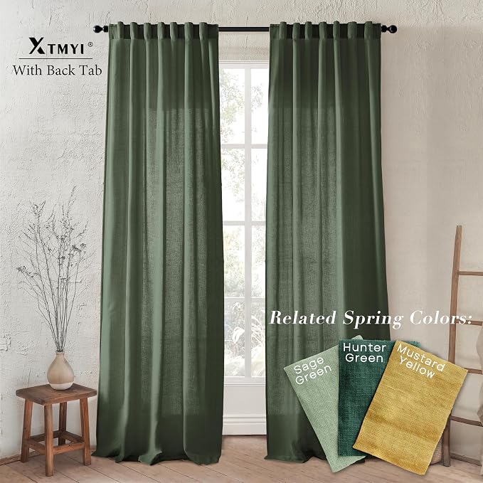 XTMYI Olive Green Boho Closet Curtains 80 Inch Length for Bedroom Closet Door,2 Panels Set Farmhouse Linen Semi Sheer Back Tab Pleated Easy Open Sliding Door Curtains,80 Inches Long