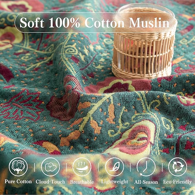 Phuryllic Boho Throw Blanket Full Size, Extra Large Soft Cozy Cotton Muslin Quilt Blanket for Bed Decor, Floral Patterned Couch Sofa Chair Cover, Vintage Farmhouse Cottage Woven Blanket, Green&Orange