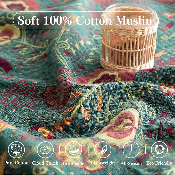 Phuryllic Boho Throw Blanket Twin Size, Soft Cozy Cotton Muslin Quilt Blanket for Bed Decor, Floral Patterned Couch Sofa Chair Cover, Vintage Farmhouse Cottage Tapestry Woven Blanket, Green&Orange