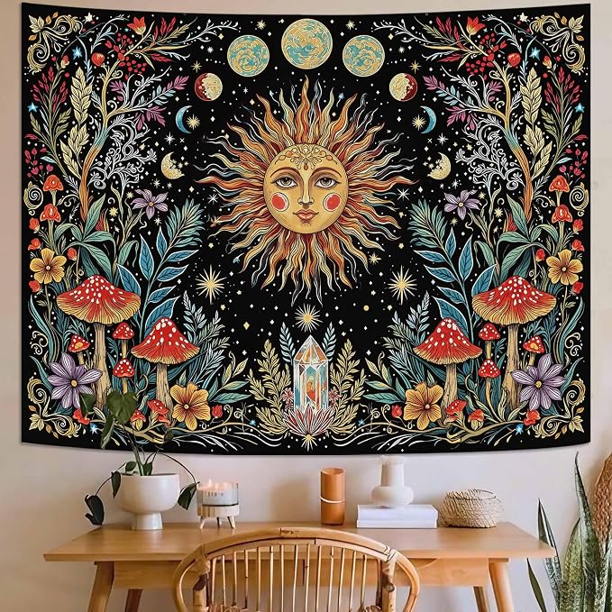 Accnicc Boho Sun and Moon Tapestry Hippie Mushroom Floral Wall Tapestry for Bedroom Aesthetic Vintage Plant Celestial Spiritual Small Tapestries Wall Hanging for Dorm Living Room Decor 60 x 44 Inch