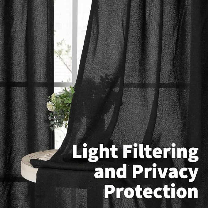 YoungsTex Linen Black Curtains 84 Inch Length 2 Panels for Living Room | Light Filtering Drapes with Bronze Grommet Semi Sheer Gothic Decorative for Dining Bedroom, 52 X 84 Inch
