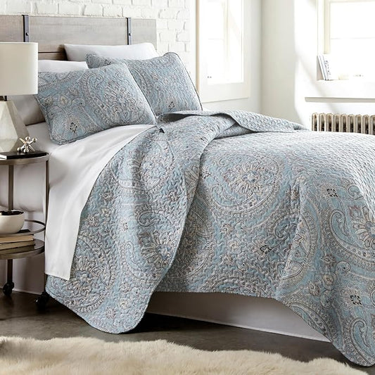 Southshore Fine Living, Inc. Oversized Quilt King Size Bedding Set, Lightweight Bedspread, Cal King Quilt Coverlet & 2 Matching Quilted Pillow Shams, Blue Paisley Bedding Set, Pure Melody Aqua