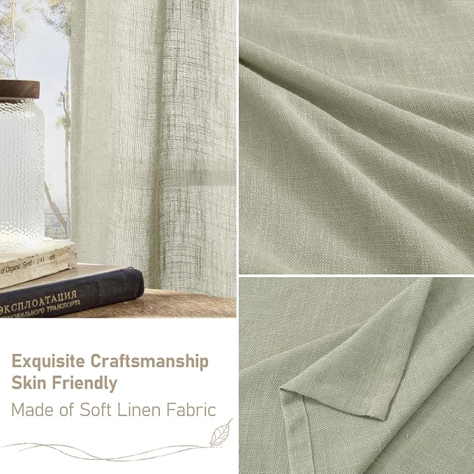 Short Linen Sheer Curtains 48 Inch Length for Kitchen Windows | Light Filtering, Curtains for Small Windows, Bathroom, Basement, Bronze Grommet Drapes, 2 Panels, Sage Grey, 34 x 48 Inch