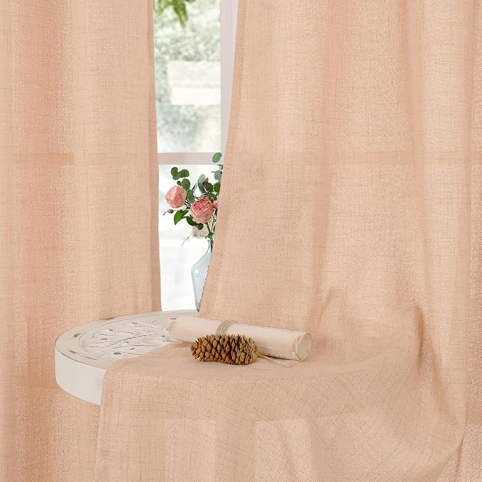 YoungsTex Peach Linen Curtains 84 Inch Length for Living Room 2 Panels | Light Filtering Drapes with Bronze Grommet for Dining Bedroom Window, 52 x 84 Inch