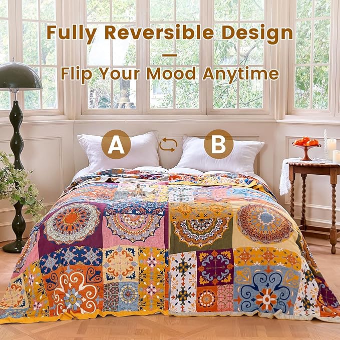 MSGKV Boho Throw Blanket 90"x90" Summer Cotton Queen Roman Blanket for Bed | Muslin Throw, Queen Size Blanket, Reversible Woven, Lightweight Comfort, Farmhouse Decor, All Seasons, Machine Washable