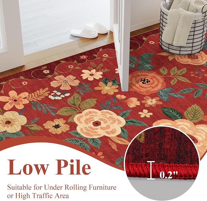 DUKINO 2x3 Entryway Rug, Floral Door Mat Soft Washable Rug Non Slip, Red | Low Pile, Non-Shedding Small Rug for Kitchen, Entrance, Bedroom, Bathroom, Pet Friendly, Stain Resistant, Modern Home Decor