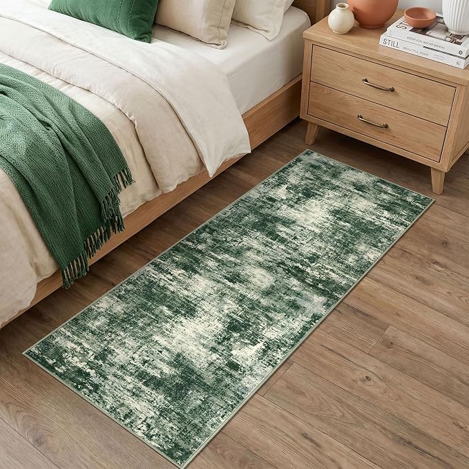 Lansny Abstract Washable 2x6 Hallway Runner Rug Non Slip Kitchen Runner | Green;Thin Printed Faux Wool Rug Runners;Entryway Runner Indoor;Rubber Backed 6ft Carpet Runners for Hall;Bedroom Runner