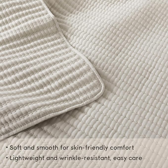 WDCOZY Queen Size Pick Stitch Quilt Set, 3 Pieces 90x90 inches, Beige | Striped Lightweight Bedspread, Channel Farmhouse Coverlet, Thin Bedding Comforter, All Season Summer Spring, 2 Pillow Shams