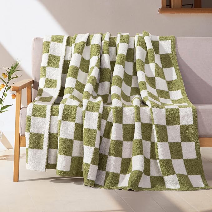 Elegant Comfort Premium Checkered Reversible Throw Blanket - Ultra Soft and Lightweight, Luxury Knitted Breathable Fleece for Couch, Bed, Sofa - Warm Velvet Fluffy Throw, 50 x 70 Inch, Sage