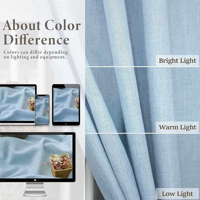 Pitalk Light Blue Curtains 84 Inch Length for Living Room Dining 2 Panel Back Tab Pocket Pleated Semi-Sheer Linen Coastal Drapes Pale Blue Curtain for Nursery Boy Bedroom Baby Pastel Blue 52x84 Long