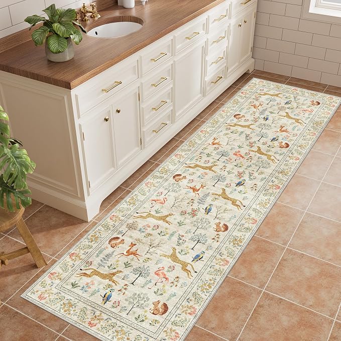 DUKINO 2x10 Kitchen Runner Rug, Soft Non Slip Animal Washable Rug, Beige | Low Pile, Non-Shedding Indoor Carpet Runner for Hallway, Entryway, Bedroom, Bathroom, Laundry, Pet Friendly, Stain Resistant